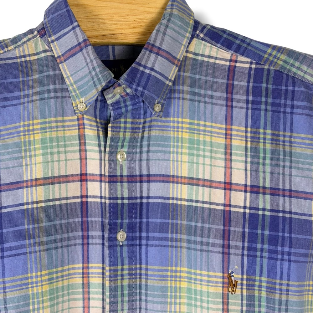 Ralph Lauren Button Down Men LT Blue Plaid Cotton Tall Long Sleeve Pony Preppy